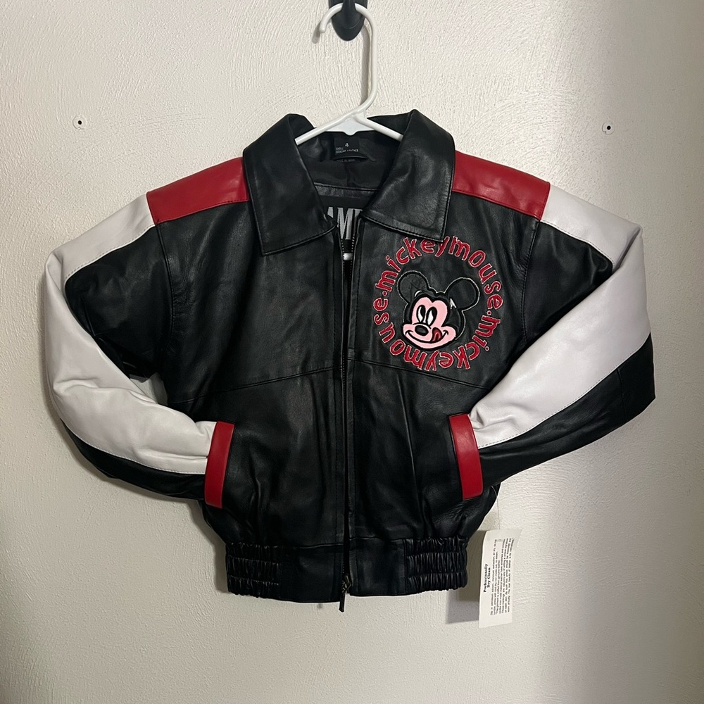 DISNEY Vintage 100% Genuine Leather Mickey Mouse Jacket Embroidered Kids Size 4